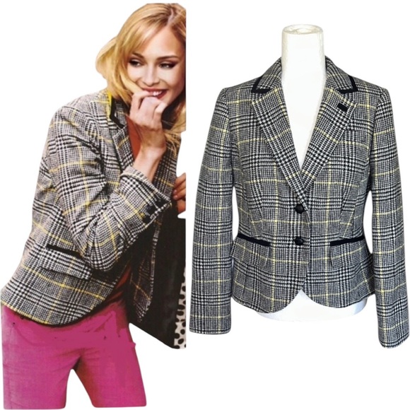 Boden British Tweed by Moon Black White Yellow Houndstooth Plaid Crop Blazer  8P - Picture 1 of 16